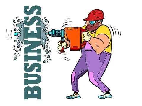Bearded worker with a drill. Business construction and repair Stock Illustration