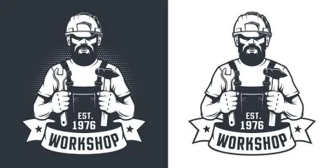 Bearded Worker in hard hat with hammer and wrench -vintage logo Stock Illustration