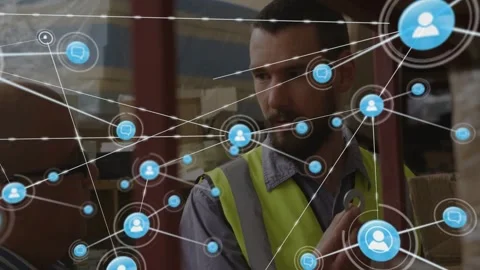 Bearded worker raising device in aisle causing growing blue node web obscuring Stock Footage 331161219
