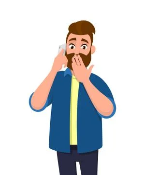 Bearded young man is talking on the cell phone with shocking expression. Illustrazione stock