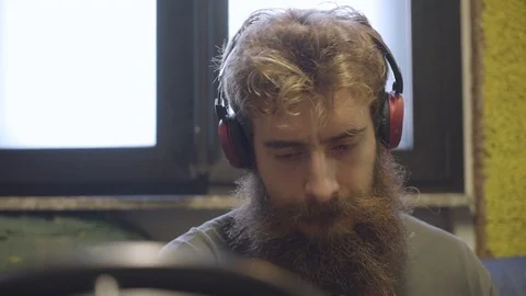 Beardy Drummer with Headphones Video stock 83346563