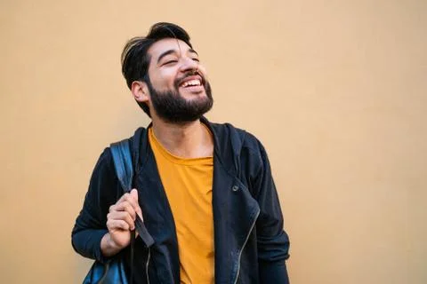 Beared man with backpack on his shoulders. Stock-Fotos