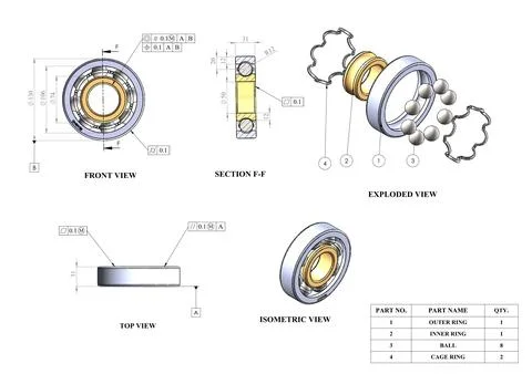 Bearing mechanical assembly drafting, 3d representation cadd modelling Stock Illustration