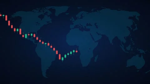 Bearish financial candlestick chart falling across a dark world map. 4K Video stock 346453034