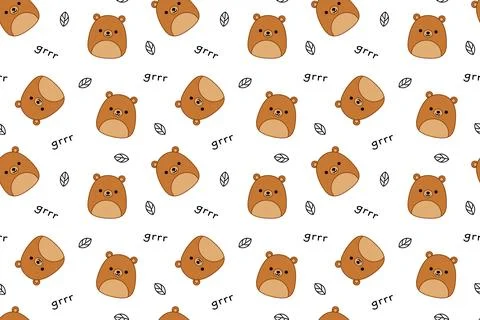 Bears and grrr on seamless pattern. Squishmallow. Background with cow. Kawaii Stock Illustration