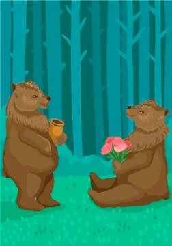 Bears in the forest, a bear eats honey, a bear holds flowers. Vector concept 스톡 일러스트