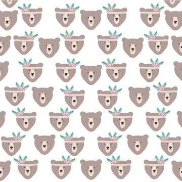 Bears grizzly with feathers hat pattern background Stock Illustration