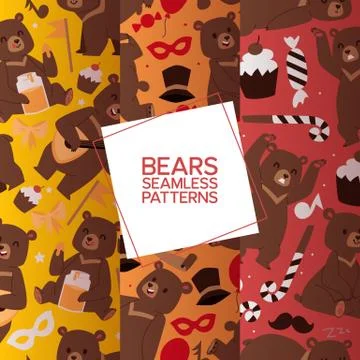 Bears set of seamless pattern vector illustration. Cartoon brown grizzly bear Stock Illustration