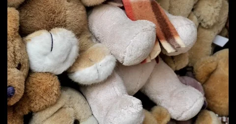 Bears toys background.Teddy bears. Soft White, beige, brown bears set Stock Footage 274577265