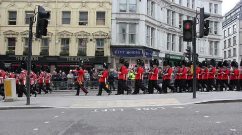 Bearskin Foot Guards marching at Thatcher funeral Video stock 22672773