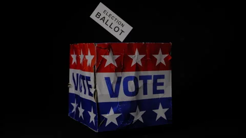 BEAT UP BALLOT BOX WITH GENERIC VOTE HANGING ABOVE.  4K, NO PEOPLE. Stock Footage 262479228