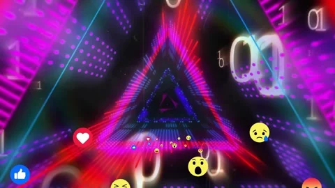 Beat dropping, emojis drifting toward you in neon tunnel, bits rotating, colors Stock Footage 329787914