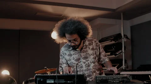 Beat machine device for electronic music composer.Techno dj play and remix Stock Footage 139806015