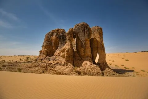 Beatiful elephant shaped rock formation embedded in sand dune in Sahara, Dhar Stock Photos