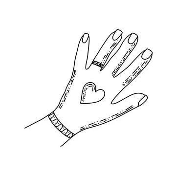 Beatiful hand with ring, bracelet and heart. Linear vector illustration. Conc Stock-Illustration