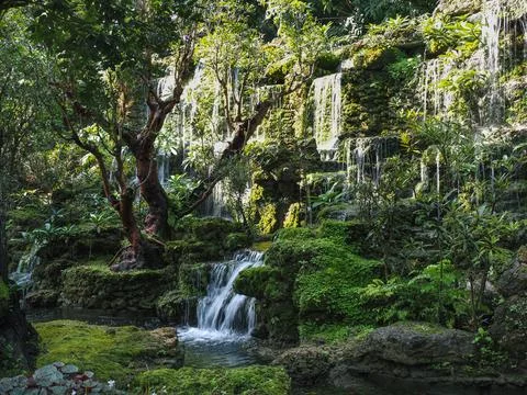 A beatiful long exposure at the lowest level of  Water fall in the forest Stock Photos