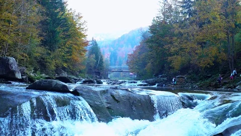 Beatiful mountain waterfall landscape: shot of natural cascade in Carpathian Stock Footage 119513157