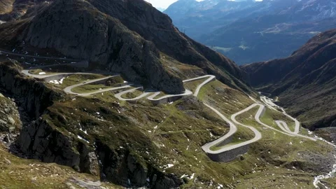 Beatiful road trip in Gotthard Pass in Switzerland. Aerial view Stock Footage 141060564