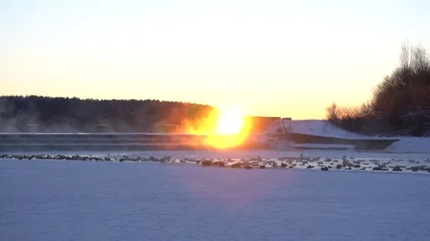 Beatiful sunset at the winter near river Stock Footage 71960386