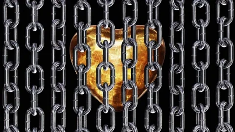 Beating gold heart behind rotating silver steel chains looping 3D animation Video stock 160148114