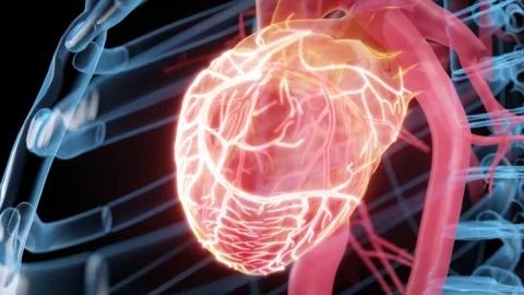 Beating heart with highlighted coronary arteries. Stockbeeldmateriaal 345012782