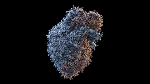 Beating heart made from barbed wire infers envy, anger or hatred. 4K Loop Alpha Stock Footage 129387849