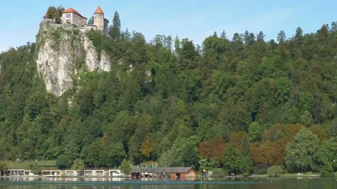 Beatuiful Bled lake landscape with view to the Castle of Bled at summer day. Stock Footage 142324250