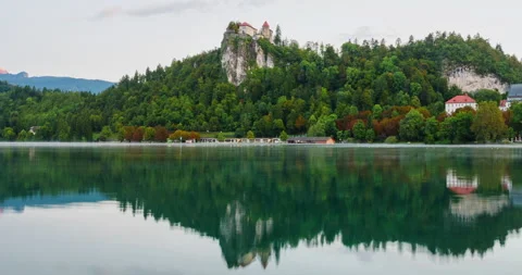 Beatuiful panoramic timelapse video of Bled lake landscape with view to the Stock Footage 142326516