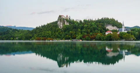 Beatuiful timelapse video of Bled lake landscape with view to the Castle of Bled Stock-Footage 140239370