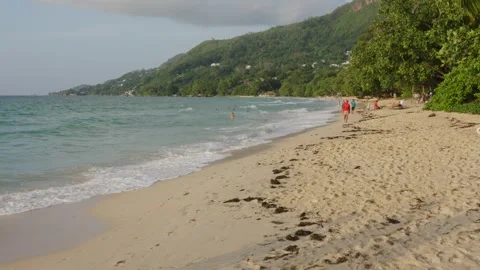 Beau Vallon evening beach on Mahe Island with big waves Stock Footage 331506570