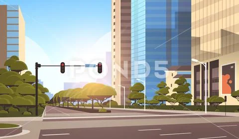 Beautifil city street asphalt road with traffic light high skyscrapers modern Stock Illustration