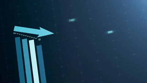 Beautiful 3D animation of a downward bar chart following the arrow trading on Stock Footage 133520587