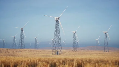 Beautiful 3D animation of a large number of wind turbines in a field on a su Stock Footage 155879282