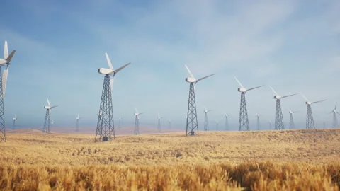 Beautiful 3D animation of a large number of wind turbines in a field on a su Stock Footage 155882079