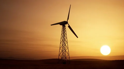 Beautiful 3D animation of a lonely wind turbine in a field at sunset with a Video stock 155884010