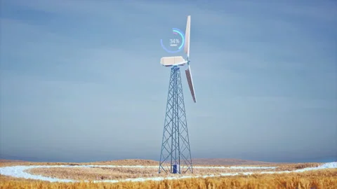 Beautiful 3D animation of a lonely wind turbine in a field with a mountain v Video stock 155885216