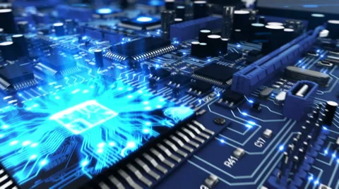 Beautiful 3d animation of the Motherboard with Moving Light Signals Stock Footage