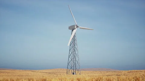 Beautiful 3d animation of one wind turbine in a field with a beautiful view Video stock 155882082