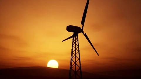 Beautiful 3d animation of one wind turbine in a field with a beautiful sunse Video stock 155886641