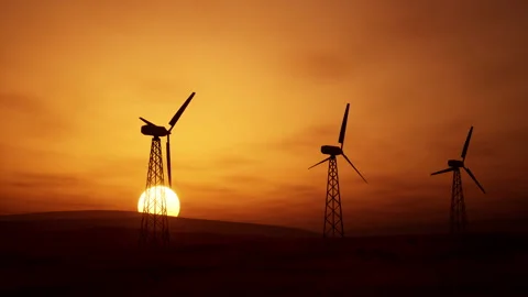 Beautiful 3D animation of several wind turbine in a field with a beautiful v Video stock 155886570