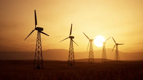Beautiful 3D animation of several wind turbines at sunset in a field with be Video stock 155901591