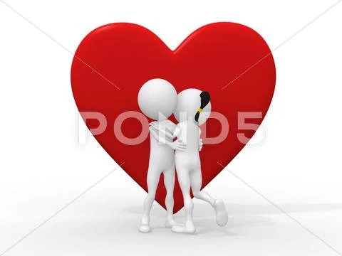 Beautiful 3d love couple embracing against a big red heart on white backgroun Stock Illustration