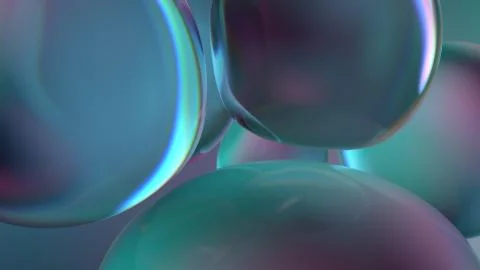 Beautiful 3d render of bubbles with abstract reflections. Flow modern colors. Illustrazione stock