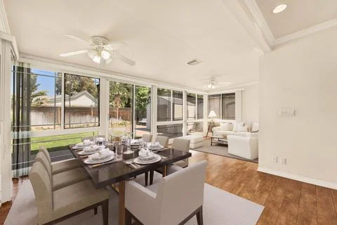 Beautiful 3D rendered design of  large living room, dining room with place setti Stock Illustration
