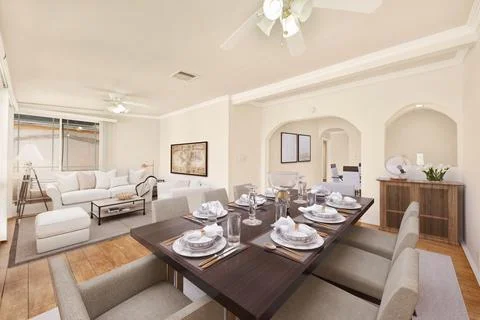 Beautiful 3D rendered design of  large living room, dining room with place setti Stock Illustration