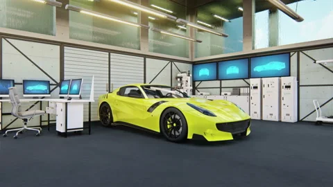 Beautiful 3D rendering animation concept yellow car in the service Stock Footage 106114611