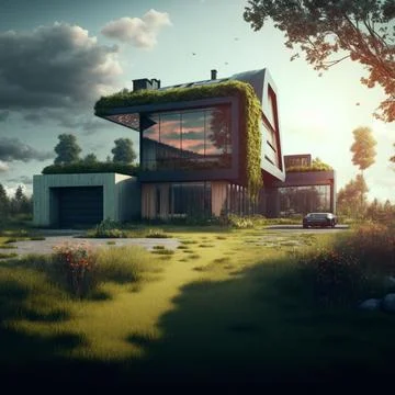 Beautiful 3D rendering of a modern house with some grass on the wall and the roo Ilustración de archivo