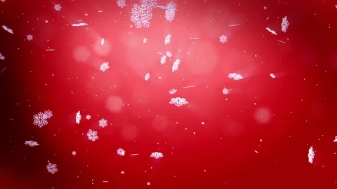 Beautiful 3d snowflakes float in air in slow motion and shine at night on a red Stock Footage 81676302