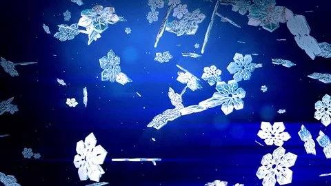 Beautiful 3d snowflakes float in air in slow motion and glowing at night on a Stock Footage 82866067