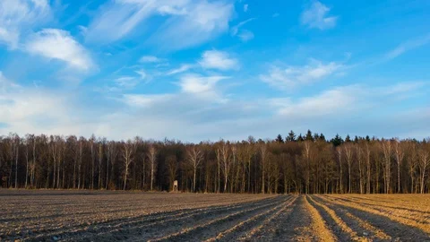 Beautiful 4k time-lapse with sunset over plowed field in Poland.  Stock Footage 87631764